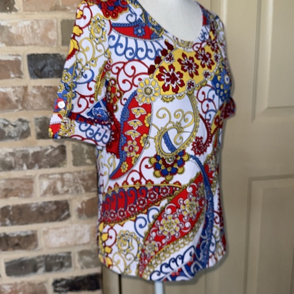 Talbots Red and Blue Paisley Tab Sleeve Top Cotton Stretch Sz S - Picture 2 of 13